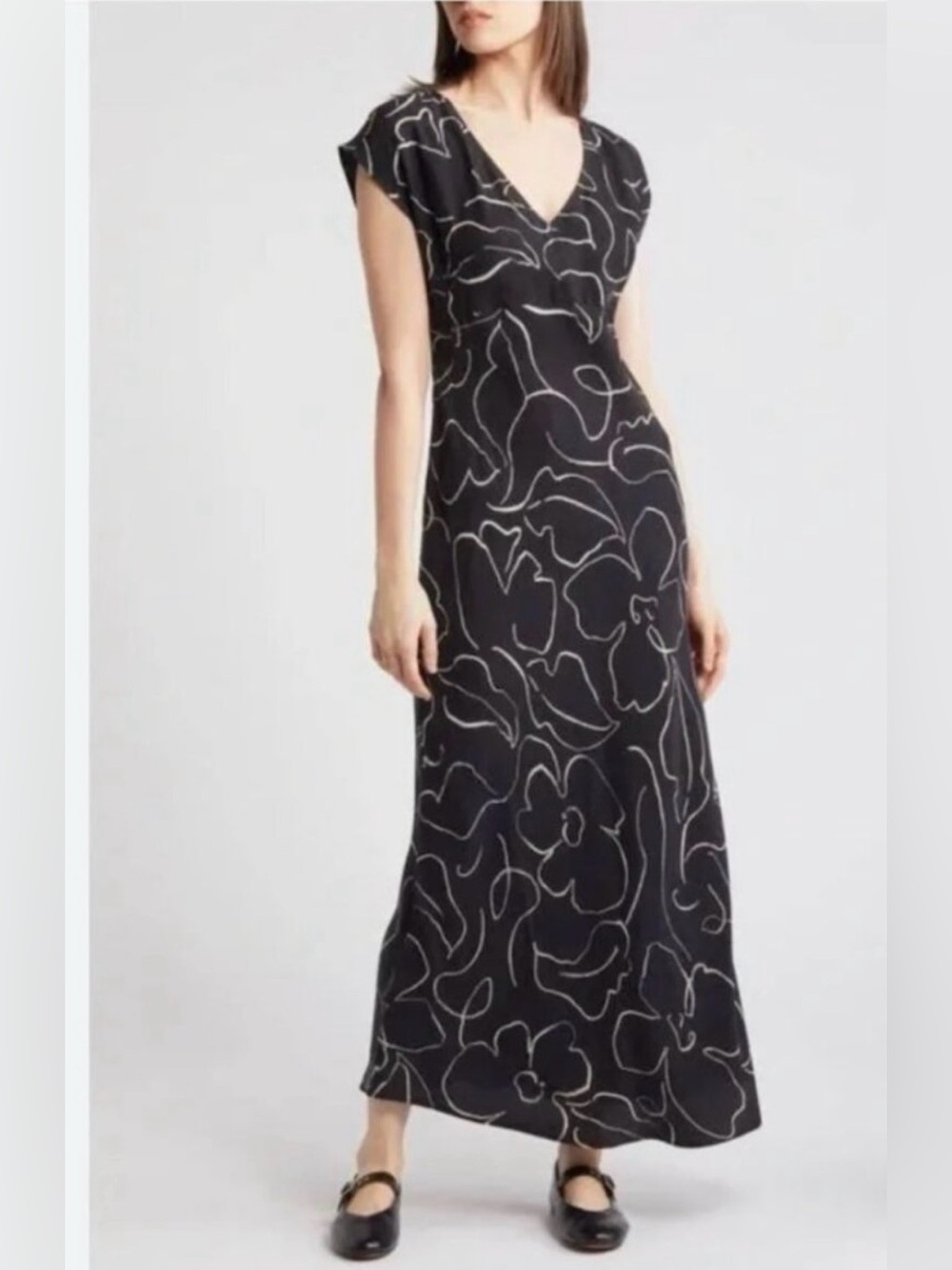Marianna Black Floral-Outline V-Neck Cupro Blend Maxi Dress